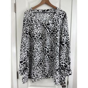 JM Collection Women's Leopard Print Button Front Top Black White Linen Size 24W